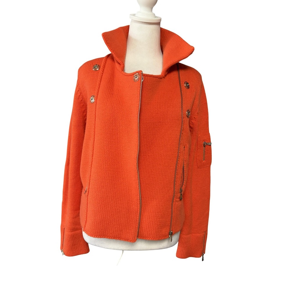 One Girl Who Sweater Womens S Orange Wool Blend Full Zip Moto Collared Knit